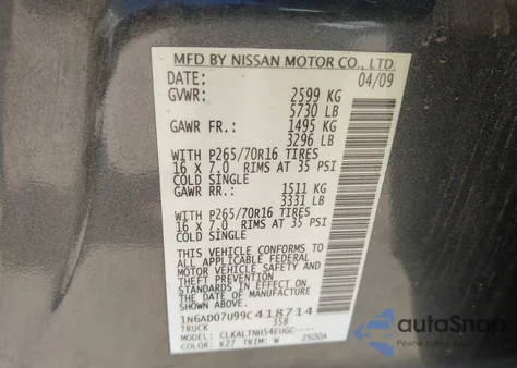 2009 Nissan Frontier Se z USA, uszkodzony, nr VIN 1N6AD07U99C418714